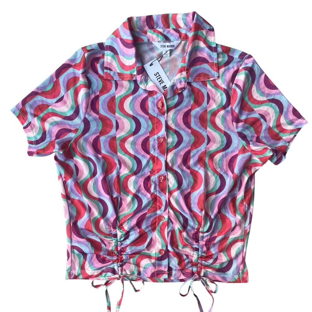 NWT Steve Madden Wavy Psychedelic Top Size S Blue and Pink Adjustable Ties